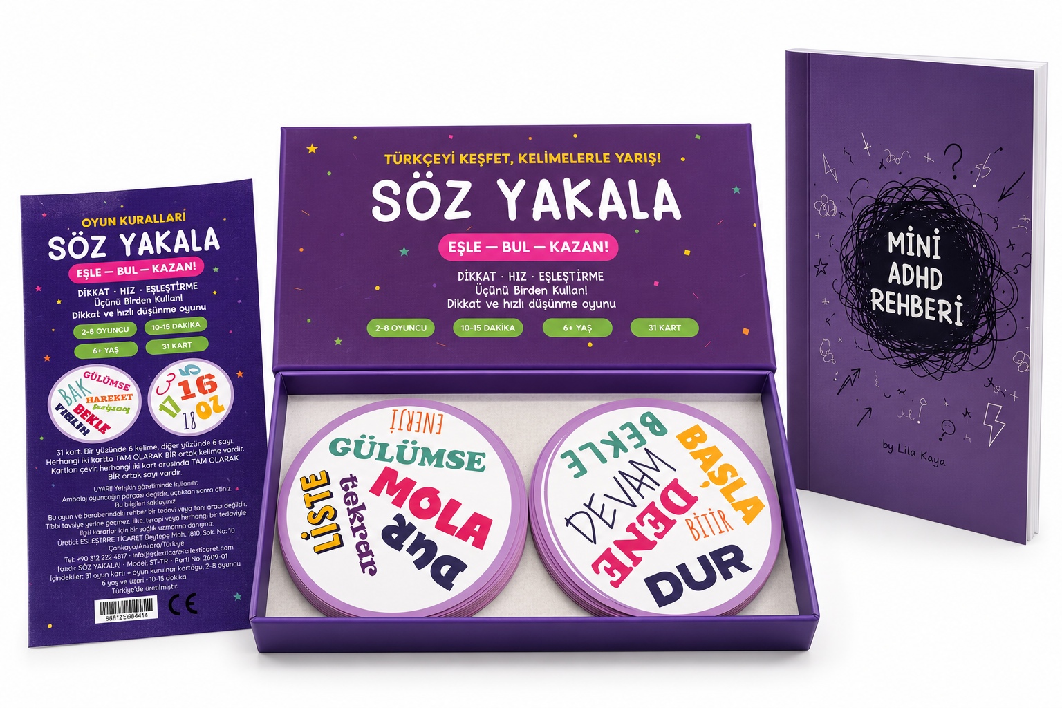Beyaz fonda Söz Yakala ve Mini ADHD Rehberi paketi